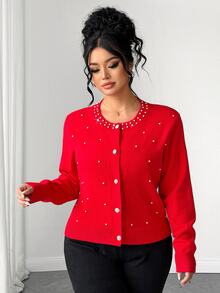 Elenzga Plus Size Faux Pearls Button Placket Cardigan - Red - View 7