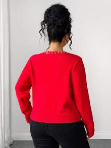 Elenzga Plus Size Faux Pearls Button Placket Cardigan - Red - View 2