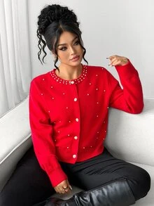 Elenzga Plus Size Faux Pearls Button Placket Cardigan - Red - View 1