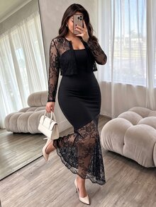 Elenzga Plus Size Women Autumn/Winter Lace Patchwork Lace Cardigan Tube Dress Elegant Exquisite Dress Set Fall - Black - View 1