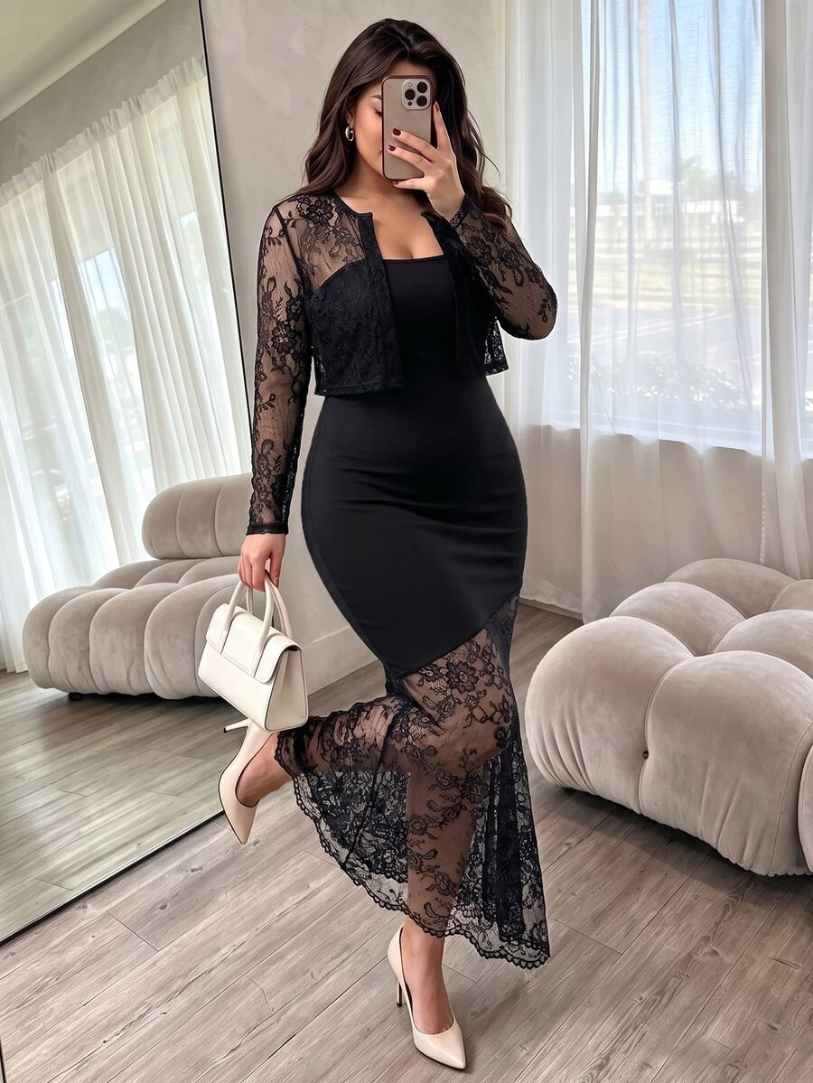 Elenzga Plus Size Women Autumn/Winter Lace Patchwork Lace Cardigan Tube Dress Elegant Exquisite Dress Set Fall - Black - View 1