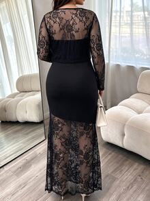 Elenzga Plus Size Women Autumn/Winter Lace Patchwork Lace Cardigan Tube Dress Elegant Exquisite Dress Set Fall - Black - View 2