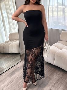 Elenzga Plus Size Women Autumn/Winter Lace Patchwork Lace Cardigan Tube Dress Elegant Exquisite Dress Set Fall - Black - View 6