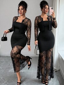 Elenzga Plus Size Women Autumn/Winter Lace Patchwork Lace Cardigan Tube Dress Elegant Exquisite Dress Set Fall - Black - View 5