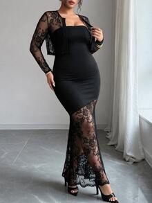 Elenzga Plus Size Women Autumn/Winter Lace Patchwork Lace Cardigan Tube Dress Elegant Exquisite Dress Set Fall - Black - View 3
