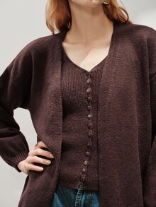 Aveloria Modichic Women's 2 Pieces Sweater Set Drop Shoulder Loose Fit Knit V-Neck Button Vest Cardigan Elegant Brown Solid Autumn Outfits For Women Holiday - Coffee Brown - View 4