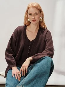 Aveloria Modichic Women's 2 Pieces Sweater Set Drop Shoulder Loose Fit Knit V-Neck Button Vest Cardigan Elegant Brown Solid Autumn Outfits For Women Holiday - Coffee Brown - View 6