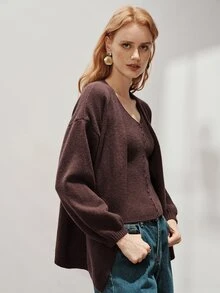 Aveloria Modichic Women's 2 Pieces Sweater Set Drop Shoulder Loose Fit Knit V-Neck Button Vest Cardigan Elegant Brown Solid Autumn Outfits For Women Holiday - Coffee Brown - View 5