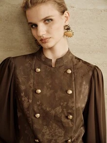 Arave European American Style Fall New Fashion Versatile Satin Jacquard Metal Buckle Decor Sleeve Chiffon Elegant 80s Dinner Party Classic Jacket Dark Brown - Coffee Brown - View 7