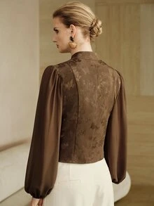 Arave European American Style Fall New Fashion Versatile Satin Jacquard Metal Buckle Decor Sleeve Chiffon Elegant 80s Dinner Party Classic Jacket Dark Brown - Coffee Brown - View 2