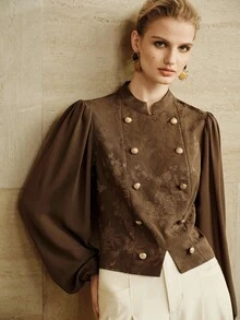 Arave European American Style Fall New Fashion Versatile Satin Jacquard Metal Buckle Decor Sleeve Chiffon Elegant 80s Dinner Party Classic Jacket Dark Brown - Coffee Brown - View 8