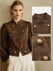 Arave European American Style Fall New Fashion Versatile Satin Jacquard Metal Buckle Decor Sleeve Chiffon Elegant 80s Dinner Party Classic Jacket Dark Brown - Coffee Brown - View 1