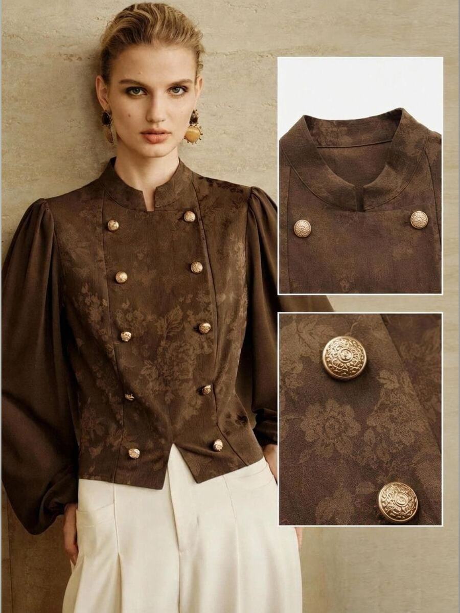 Arave European American Style Fall New Fashion Versatile Satin Jacquard Metal Buckle Decor Sleeve Chiffon Elegant 80s Dinner Party Classic Jacket Dark Brown - Coffee Brown - View 1