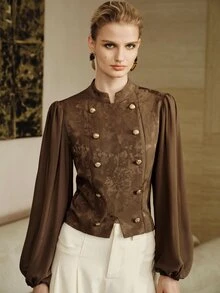 Arave European American Style Fall New Fashion Versatile Satin Jacquard Metal Buckle Decor Sleeve Chiffon Elegant 80s Dinner Party Classic Jacket Dark Brown - Coffee Brown - View 3
