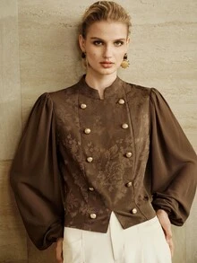 Arave European American Style Fall New Fashion Versatile Satin Jacquard Metal Buckle Decor Sleeve Chiffon Elegant 80s Dinner Party Classic Jacket Dark Brown - Coffee Brown - View 6