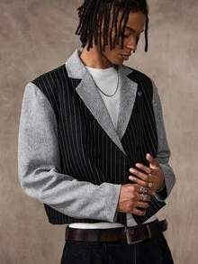 ROMWE MEN Street Life Men's Colorblock Striped Patchwork Blazer - Multicolor - View 10