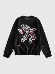ROMWE MEN Men's Crew Neck Quirky Skeleton Sweater - Black - View 7