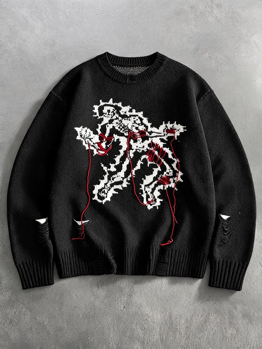 ROMWE MEN Men's Crew Neck Quirky Skeleton Sweater - Black - View 1