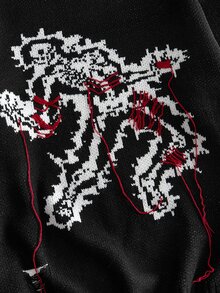 ROMWE MEN Men's Crew Neck Quirky Skeleton Sweater - Black - View 4