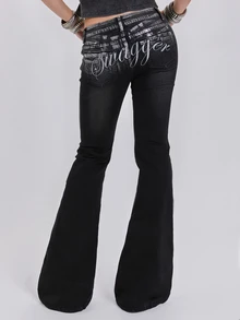 ROMWE Spring/Summer Y2K Indie Sleaze Street Style Silver Foil Embroidered Ultra Low Waist Slim Fit Straight Leg Jeans - Dark Grey - View 2