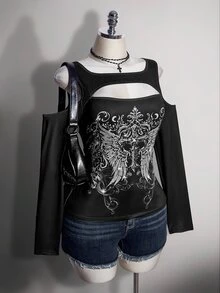 SHEIN ICON Women's Plus Size Autumn/Winter Retro Sexy Millennial Style Y2K Dark Gothic Punk Outfit Cutout Cold Shoulder Wing Pattern Black T-Shirt Fall - Black - View 4