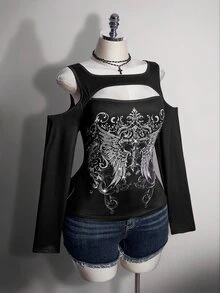 SHEIN ICON Women's Plus Size Autumn/Winter Retro Sexy Millennial Style Y2K Dark Gothic Punk Outfit Cutout Cold Shoulder Wing Pattern Black T-Shirt Fall - Black - View 5