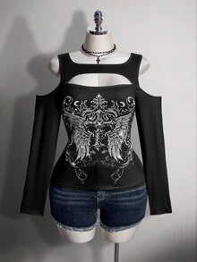 SHEIN ICON Women's Plus Size Autumn/Winter Retro Sexy Millennial Style Y2K Dark Gothic Punk Outfit Cutout Cold Shoulder Wing Pattern Black T-Shirt Fall - Black - View 3