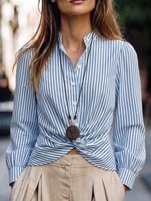 SHEIN Holidaya Women's Blue And White Stripe Long Sleeve Single-Breasted Waist Twist Design Casual Coastal Chic French Shirt Vacation Autumn - Blue - View 4