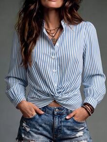 SHEIN Holidaya Women's Blue And White Stripe Long Sleeve Single-Breasted Waist Twist Design Casual Coastal Chic French Shirt Vacation Autumn - Blue - View 5