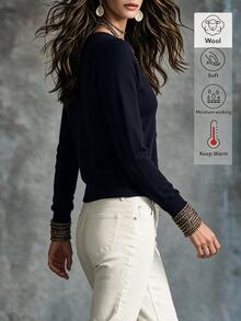 Omancia Women's Autumn/Winter Round Neck Button-Down Knitted Long Sleeve Slim Fit Cropped Black Sweater Cardigan Top - Black - View 2