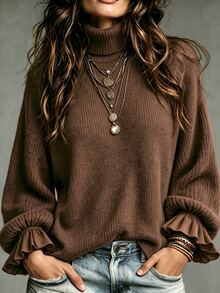 LUMIGAL Women's Solid Color High Neck Drop Shoulder Long Sleeve Loose Top - Apricot - View 3