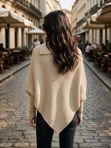 Balvessa Women's Autumn Winter Pullover Knit Sweater Top, High Turn Collar, Diagonal Ribbed Knit, Metal Button, Batwing Sleeve, Asymmetric Hem, Beige - Khaki - View 2