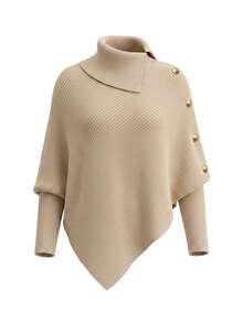 Balvessa Women's Autumn Winter Pullover Knit Sweater Top, High Turn Collar, Diagonal Ribbed Knit, Metal Button, Batwing Sleeve, Asymmetric Hem, Beige - Khaki - View 4