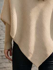 Balvessa Women's Autumn Winter Pullover Knit Sweater Top, High Turn Collar, Diagonal Ribbed Knit, Metal Button, Batwing Sleeve, Asymmetric Hem, Beige - Khaki - View 5