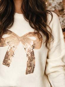 Balvessa Women's Crew Neck Sequin Bow Decor Ribbed Cuff Dropped Shoulder Long Sleeve Cute Pullover Sweater Birthday Eelebration White Animal Print Fall - Multicolor - View 5