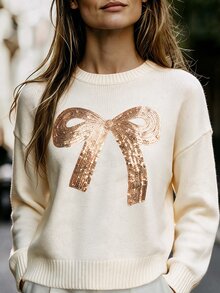 Balvessa Women's Crew Neck Sequin Bow Decor Ribbed Cuff Dropped Shoulder Long Sleeve Cute Pullover Sweater Birthday Eelebration White Animal Print Fall - Multicolor - View 6