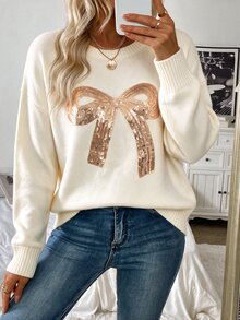 Balvessa Women's Crew Neck Sequin Bow Decor Ribbed Cuff Dropped Shoulder Long Sleeve Cute Pullover Sweater Birthday Eelebration White Animal Print Fall - Multicolor - View 3