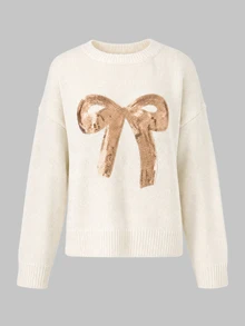 Balvessa Women's Crew Neck Sequin Bow Decor Ribbed Cuff Dropped Shoulder Long Sleeve Cute Pullover Sweater Birthday Eelebration White Animal Print Fall - Multicolor - View 4