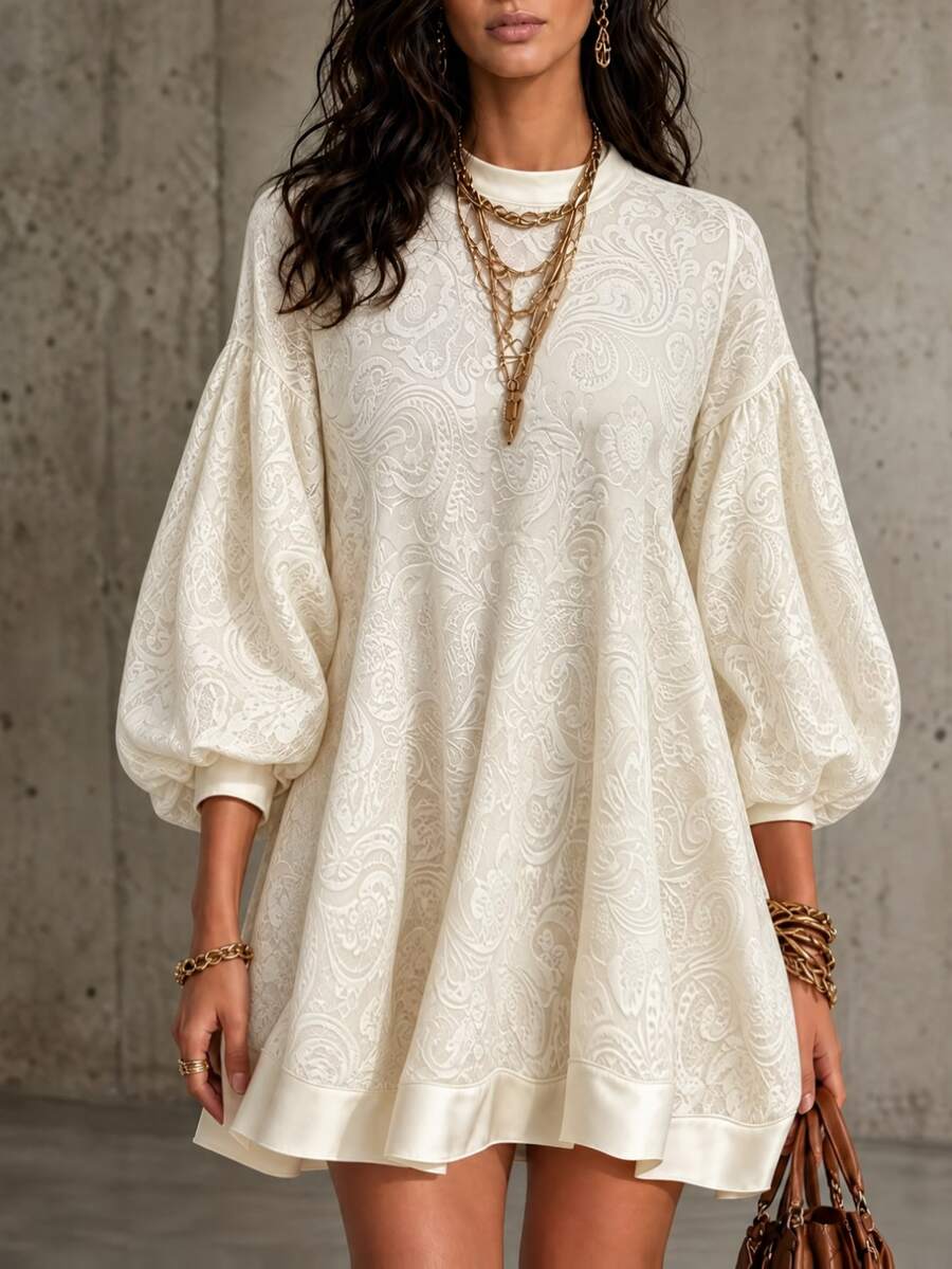 LUMIGAL Women's Autumn/Winter Velvet Textured Long Sleeve Dress - Apricot - View 1