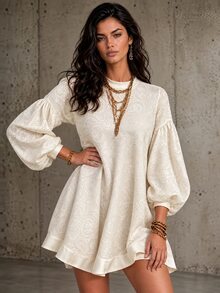 LUMIGAL Women's Autumn/Winter Velvet Textured Long Sleeve Dress - Apricot - View 1