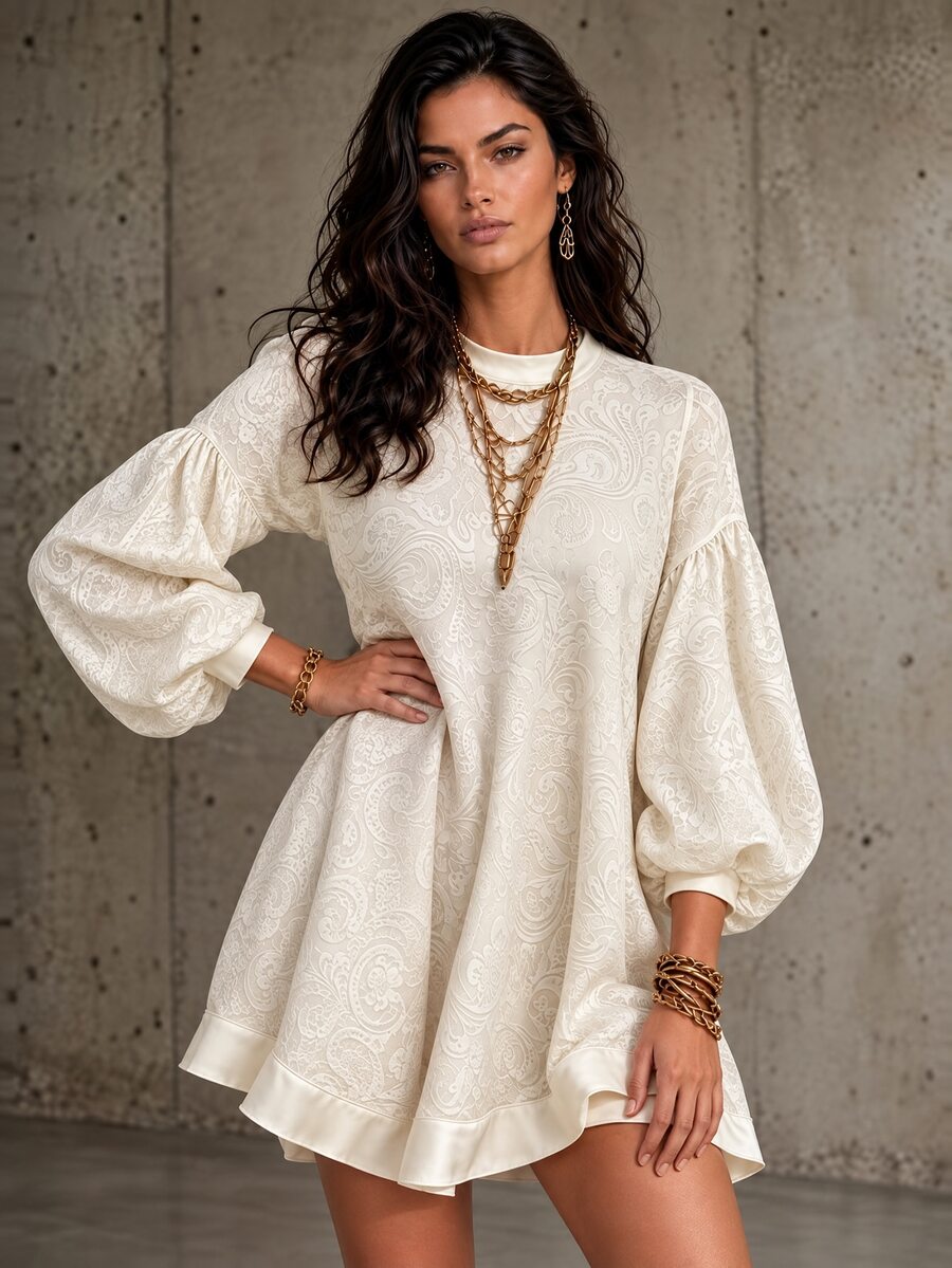 LUMIGAL Women's Autumn/Winter Velvet Textured Long Sleeve Dress - Apricot - View 1