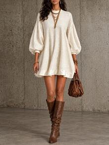 LUMIGAL Women's Autumn/Winter Velvet Textured Long Sleeve Dress - Apricot - View 5