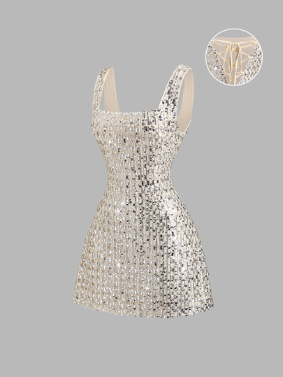 Sweetra Vestido de fiesta de verano con diseño de cintura ceñida, cuello cuadrado, decoración de lentejuelas y espalda descubierta, de estilo francés elegante