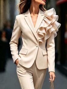 RosyDaze Women's New Elegant Waist-Cinching Small Blazer, 3D Glossy Ruffle Decor Lapel Long Sleeve Commuter Versatile Top - Khaki - View 7