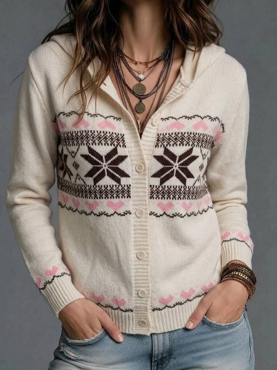 SHEIN Hooded Heart Jacquard Slim Fit Fall Knit Cardigan Christmas Everyday Travel White Boho