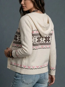 SHEIN Hooded Heart Jacquard Slim Fit Fall Knit Cardigan Christmas Everyday Travel White Boho - White - View 3