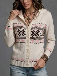 SHEIN Hooded Heart Jacquard Slim Fit Fall Knit Cardigan Christmas Everyday Travel White Boho - White - View 9
