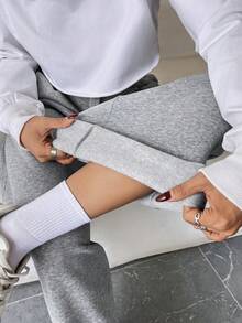 SHEIN LUNE Thermal Lined Pleated Pockets Wide Leg Trousers, Casual/Office Wear, Warm And Fashionable Fall Cloth For Women - Grey - View 8