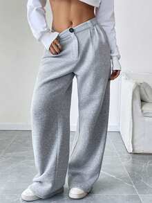 SHEIN LUNE Thermal Lined Pleated Pockets Wide Leg Trousers, Casual/Office Wear, Warm And Fashionable Fall Cloth For Women - Grey - View 6