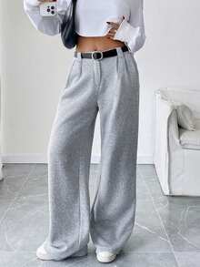 SHEIN LUNE Thermal Lined Pleated Pockets Wide Leg Trousers, Casual/Office Wear, Warm And Fashionable Fall Cloth For Women - Grey - View 1